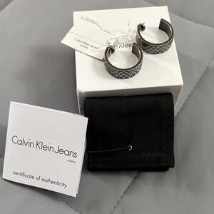 Calvin Klein Silver Gun metal Textured Hoop Earrings